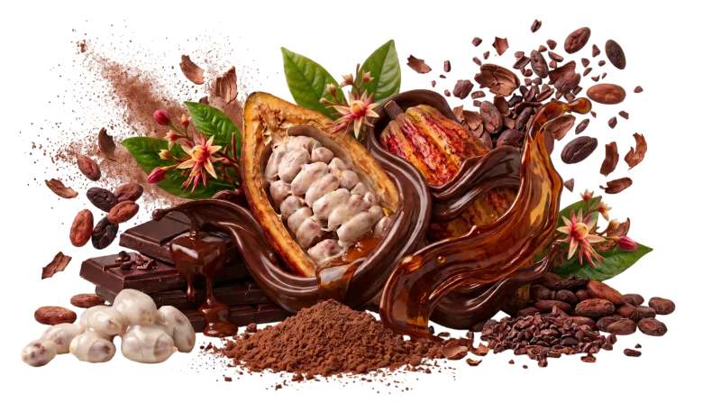 Una mazorca de cacao abierta con los granos envueltos en pulpa blanca y otra detrás, entre flores y hojas de cacao, cruzadas por una cinta de chocolate fundido y un chorro de vino ámbar; alrededor, trozos de chocolate, granos tostados, nibs, virutas de cascarilla y un montón de cacao en polvo.