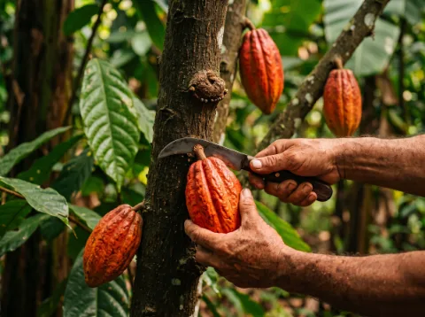 Las manos de un cultivador cortan con un cuchillo curvo una mazorca madura, de color naranja, pegada al tronco del árbol de cacao.